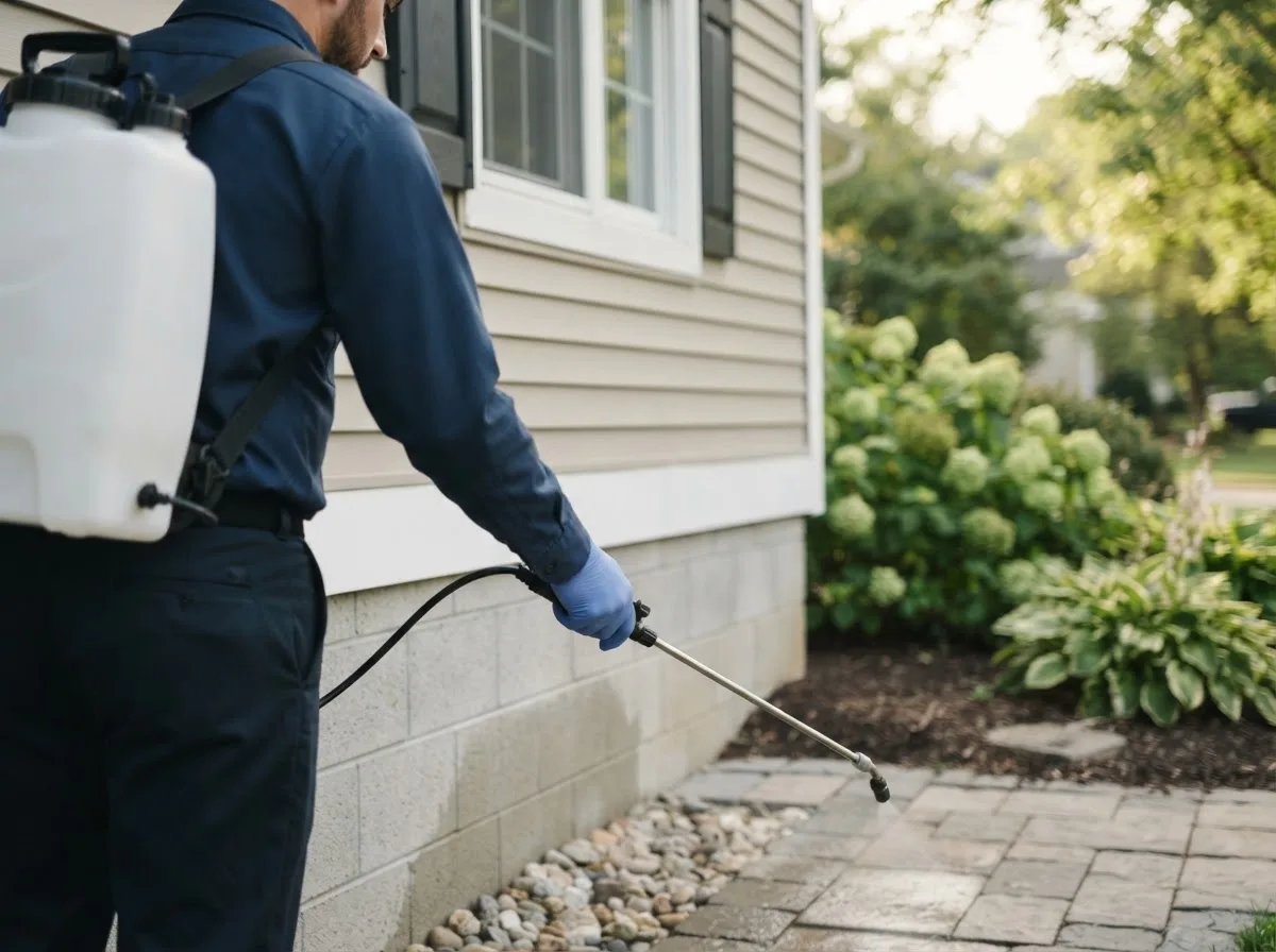 Pest control technician inspecting a home in Harrisburg, PA